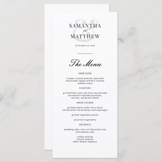 Simple Elegant Menu Mariage noir et blanc (Devant / Derrière)