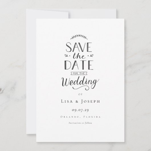 Simple Élégant Noir et Blanc Save the Date (Devant)