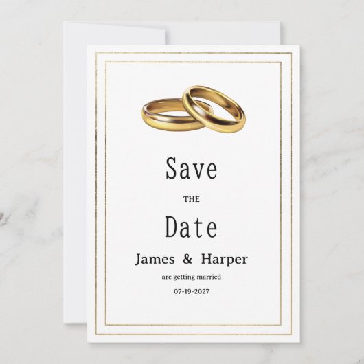 Simple elegant white and gold rings Save the Date Kaart (Voorkant)