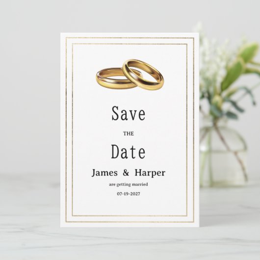 Simple elegant white and gold rings Save the Date Kaart (Staand voorkant)