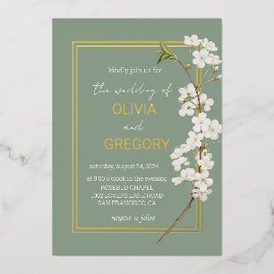 Simple Elegant White Cherry Blossom & Gold Frame Folie Uitnodiging