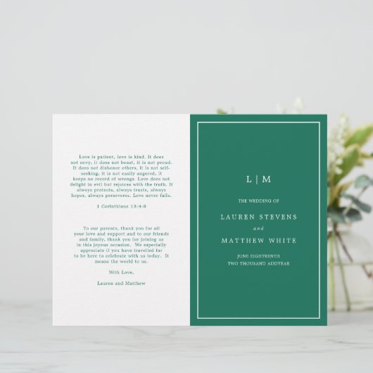 Simple Emerald Green Elegant Wedding Programme (Debout devant)