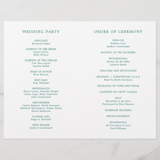 Simple Emerald Green Elegant Wedding Programme (Dos)