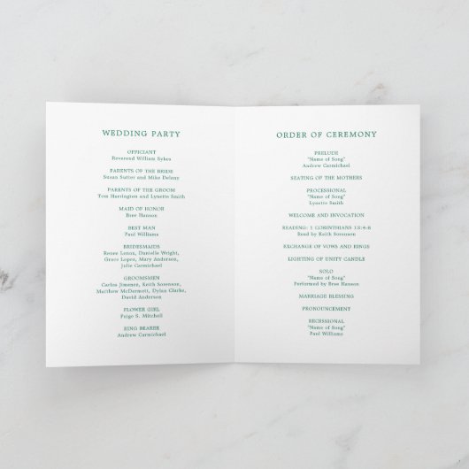 Simple Emerald Green Monogram Elegant Wedding Programma (Binnen)