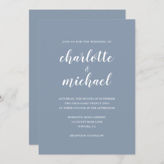 Simple et moderne Faire-part de mariage bleu outre (Devant / Derrière)