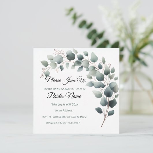 Simple Eucalyptus Bridal Shower Invitation (Debout devant)