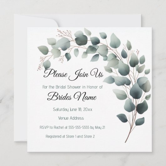 Simple Eucalyptus Bridal Shower Invitation (Devant)