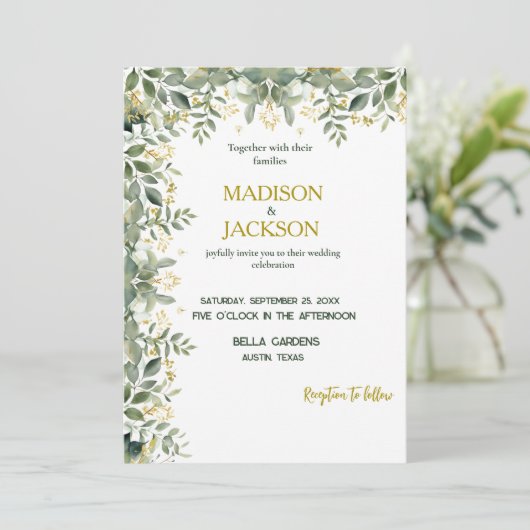 Simple Eucalyptus Gold Faire-part de mariage de ve (Debout devant)