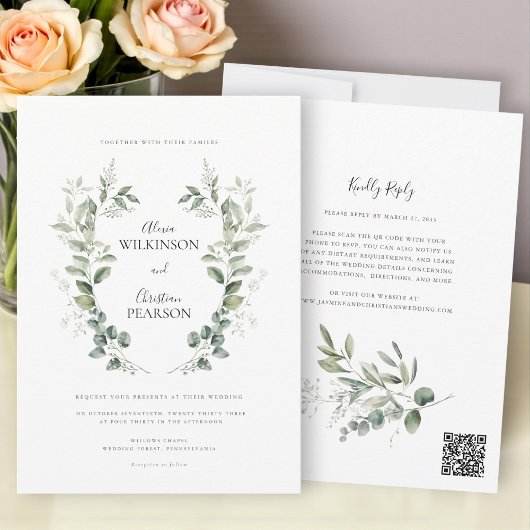 Simple Eucalyptus Greenery Wedding QR Code RSVP Kaart