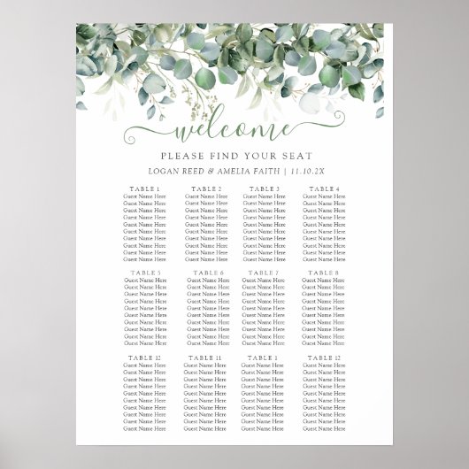 Simple Eucalyptus Greenery Wedding Seating Chart Poster (Voorkant)