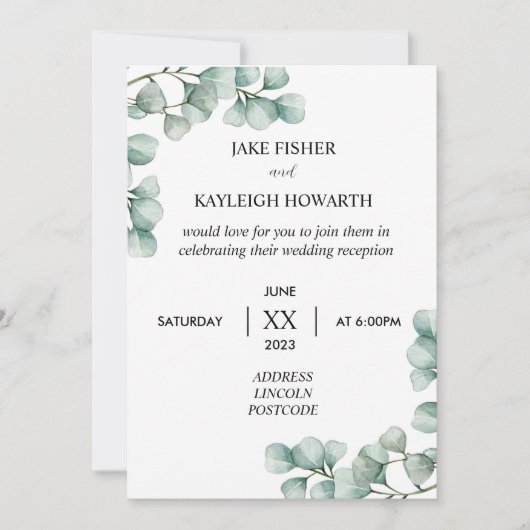 Simple Eucalyptus Mariage Réception Invitation (Devant)