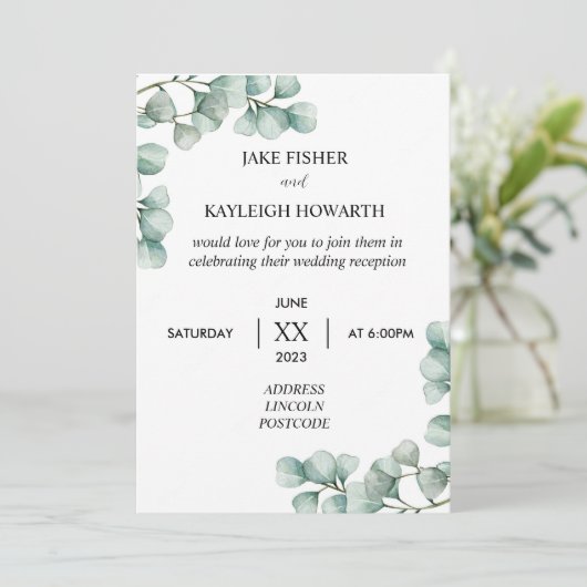 Simple Eucalyptus Mariage Réception Invitation (Debout devant)