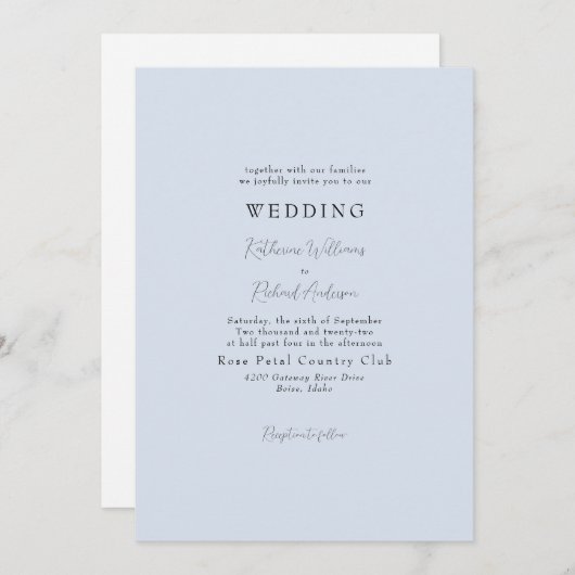 Simple Faire-Part de Mariage Bleu Poussiéreux Sans (Devant / Derrière)