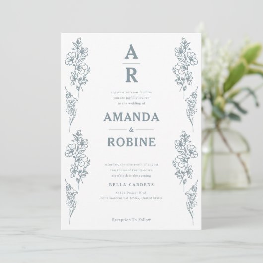 Simple Faire-part de mariage Floral Bleu (Debout devant)