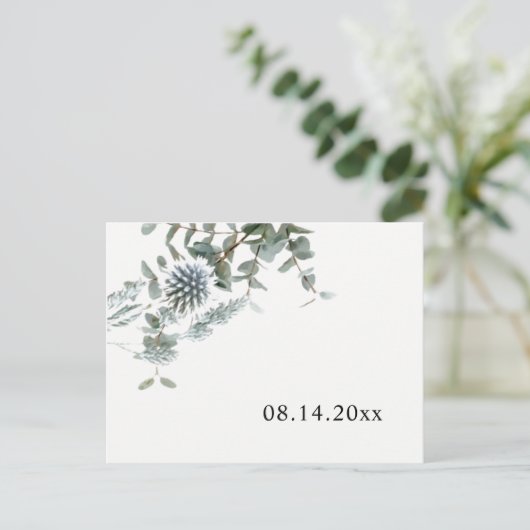 Simple Faire-Part de Mariage Rustique Bleu Thistle (Debout devant)