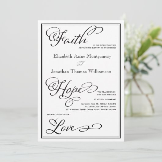 Simple Faith Hope Love Script Faire-part de mariag (Debout devant)