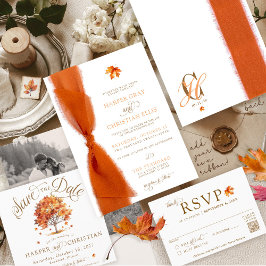 Simple Fall Leaves Modern Autumn Ribbon Wedding Kaart