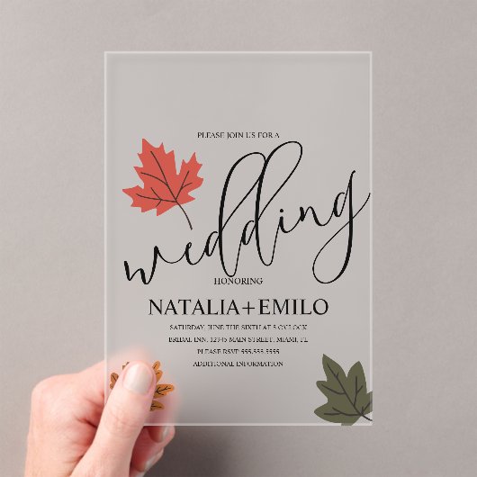 Simple Fall Wedding Leaf  Acryl Uitnodigingen (Insitu (Draagbaar))