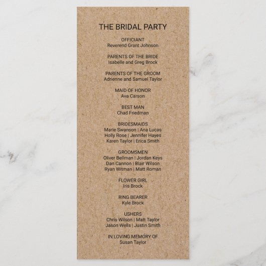 Simple Faux Kraft Calligraphy Wedding Programme (Dos)