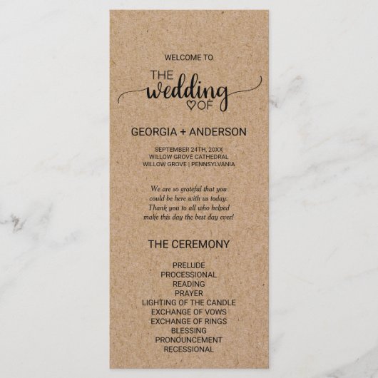Simple Faux Kraft Calligraphy Wedding Programme (Devant)