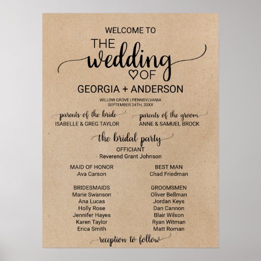 Simple Faux Kraft Calligraphy Wedding Programme Poster (Voorkant)