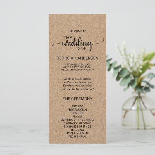 Simple Faux Kraft Calligraphy Wedding Programme Programma (Staand voorkant)