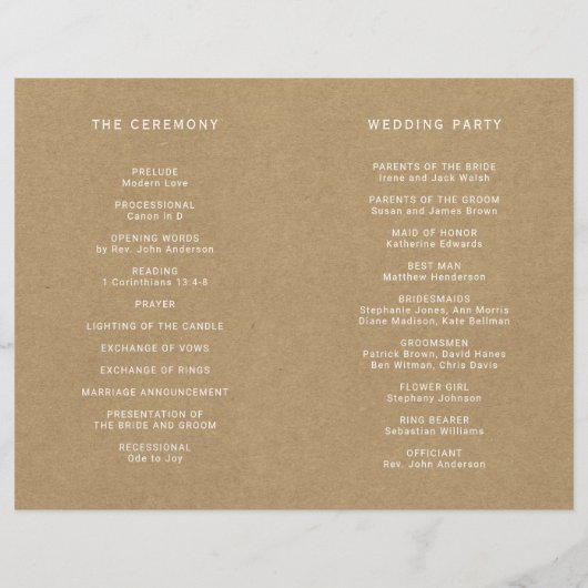 Simple Faux Rustic Kraft Wedding Programme (Achterkant)