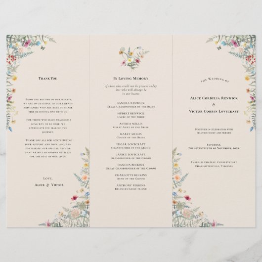 Simple Fleur sauvage Fern Beige Mariage Programme  (Devant)