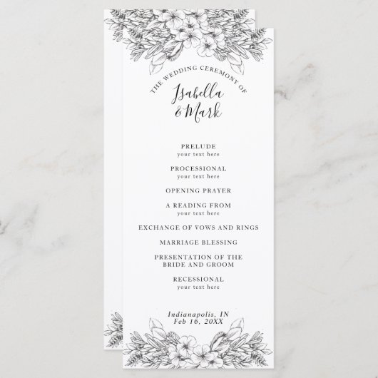 Simple Floral Black and White Wedding Programme (Devant / Derrière)
