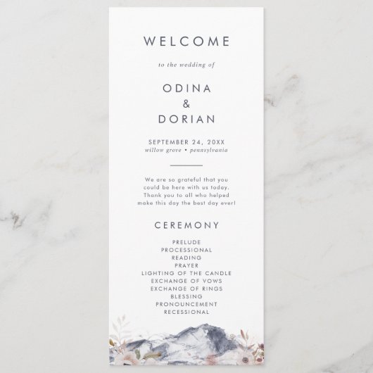 Simple Floral Mountain Wedding Programme Programma (Voorkant)