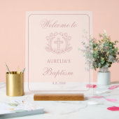 Simple Floral Pink Cross Baptism Bienvenue (Mariage)