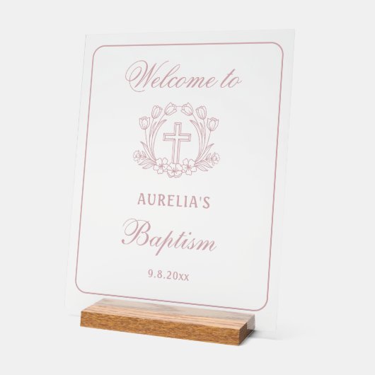 Simple Floral Pink Cross Baptism Bienvenue (Angle)