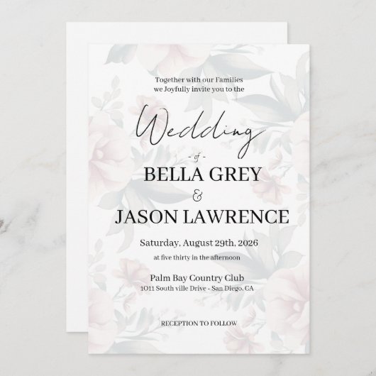 Simple flower Black & White Wedding Invitation (Devant / Derrière)