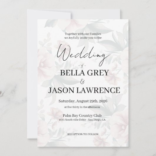 Simple flower Black & White Wedding Invitation Kaart (Voorkant)