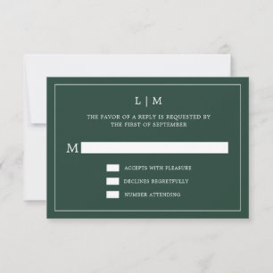 Simple Forest Green Monogram Elegant Wedding RSVP Kaartje