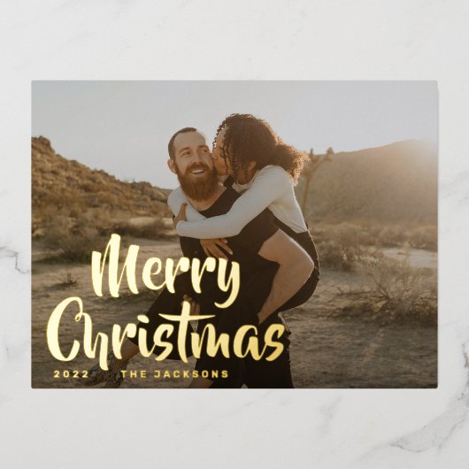 Simple Fun Prettig Kerstmis Familie Goud Foto Folie Feestdagen Briefkaart (Voorkant)