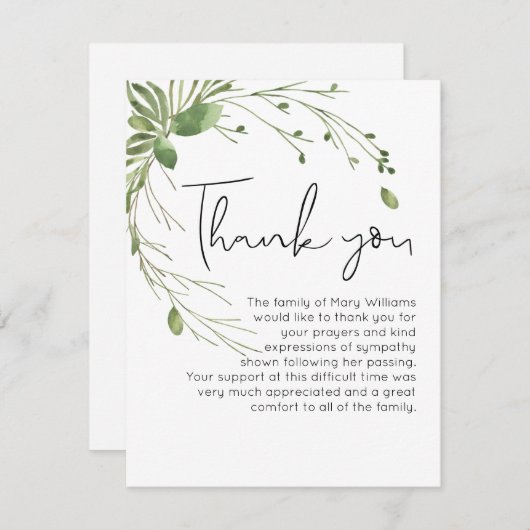 Simple Funéraire Vert Merci Carte de note (Devant / Derrière)