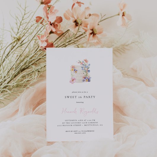 Simple Gâteau Floral Sweet 16 Invitation d'anniver
