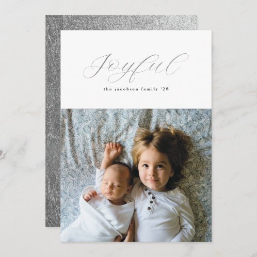 Simple Gilded Silver Foil Joyful Script Feestdagenkaart (Voorkant / Achterkant)