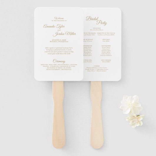 Simple Gold Calligraphy Wedding Program Handwaaier (Voorkant en achterkant)