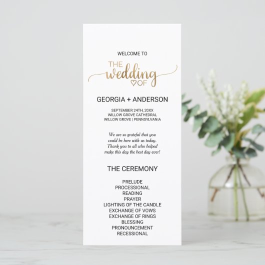 Simple Gold Calligraphy Wedding Programme (Debout devant)