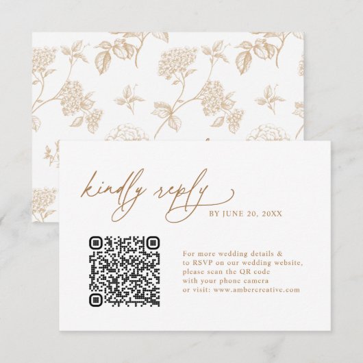 Simple Gold Floral QR code Wedding RSVP Cards (Devant / Derrière)