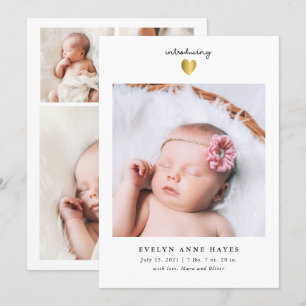 Simple Gold Heart Baby Photo Birth Announcement Kaart
