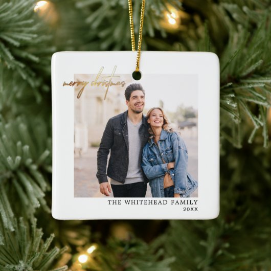 Simple Gold Merry-kerstfoto White Keramisch Ornament (Boom)