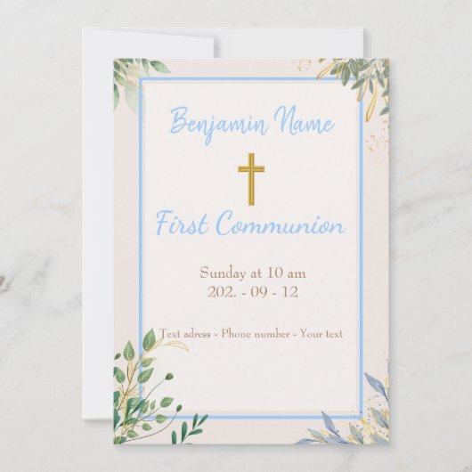 Simple Golden Cross Boy Floral Invitation (Devant)