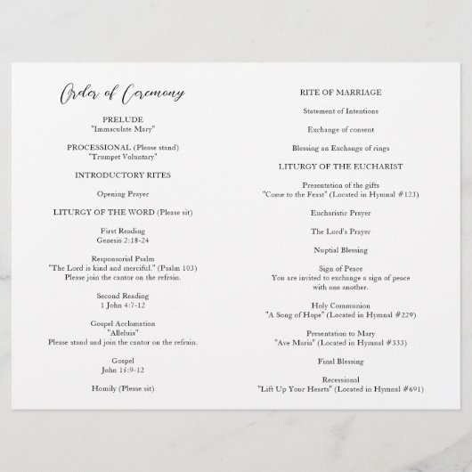 Simple Gras Moderne Programme de Mariage Catholiqu (Dos)