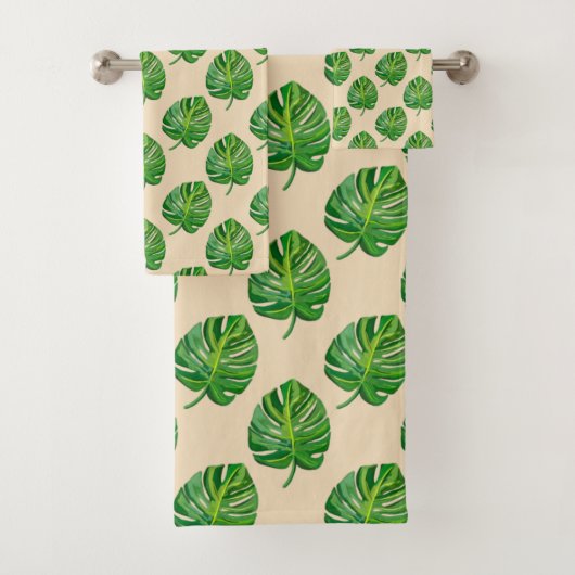 Simple Green Monstera Leaf Pattern on Light Beige Bad Handdoek (Insitu)