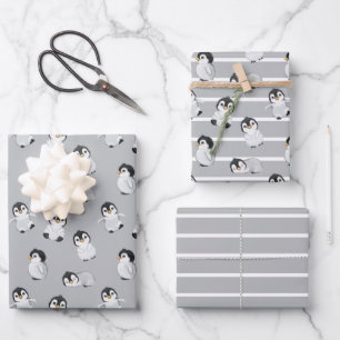Simple Grey Penguin Winter Baby shower Inpakpapier Vel