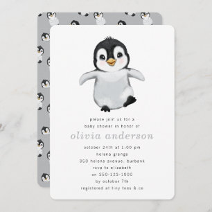 Simple Grey Penguin Winter Baby shower Kaart