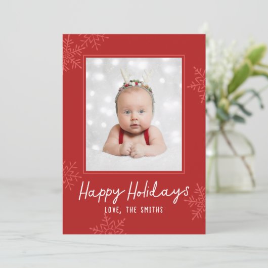 Simple Happy Holidays Script Snowflakes Photo Feestdagenkaart (Staand voorkant)